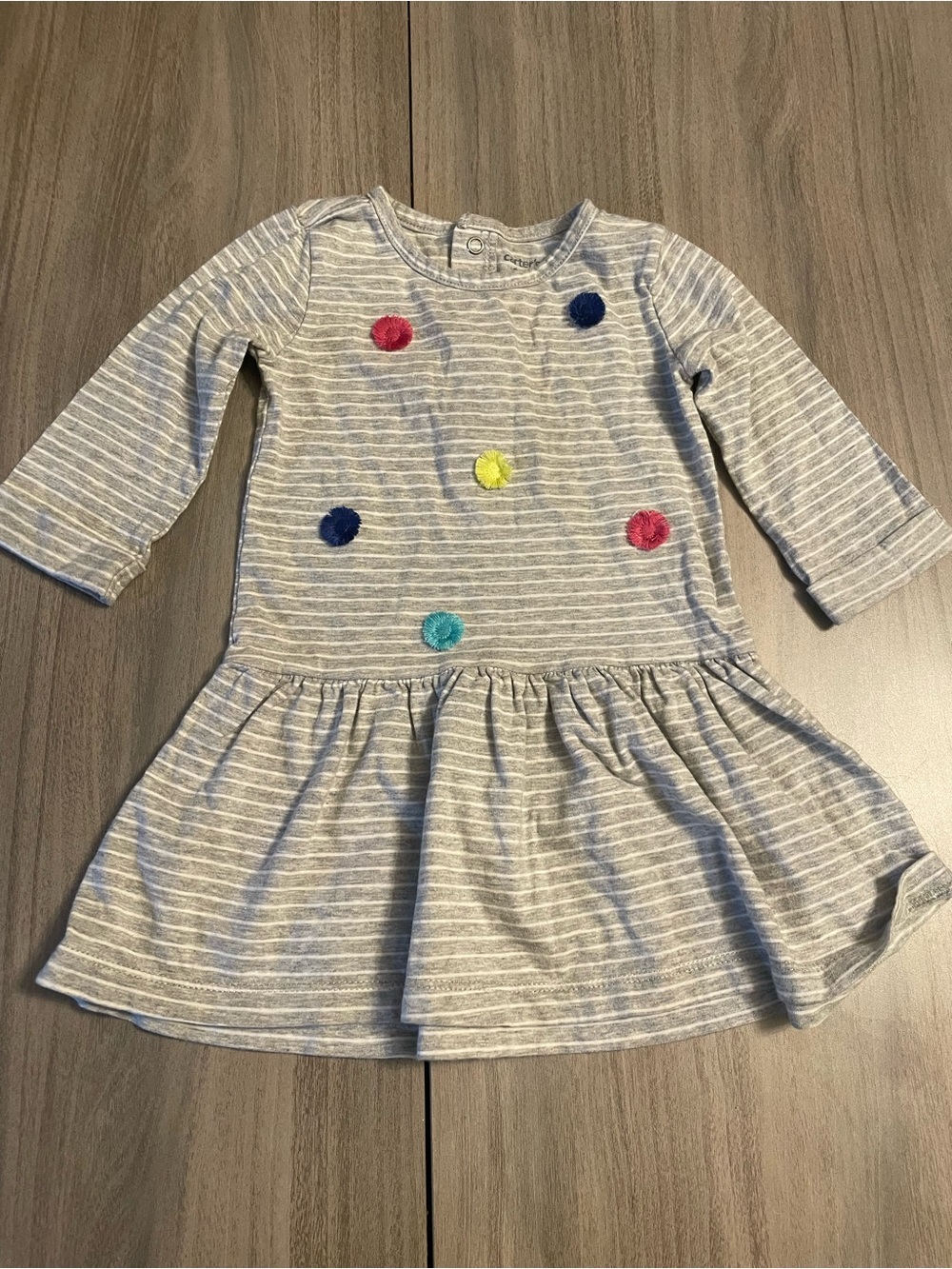 Carter's Baby Girl Striped Dress Pom Poms Gray White 24M